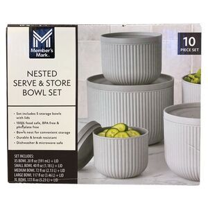 Member's Mark 10-Piece Nested Serve & Store Bowl Set, 5 Bowls with Lids - Grey